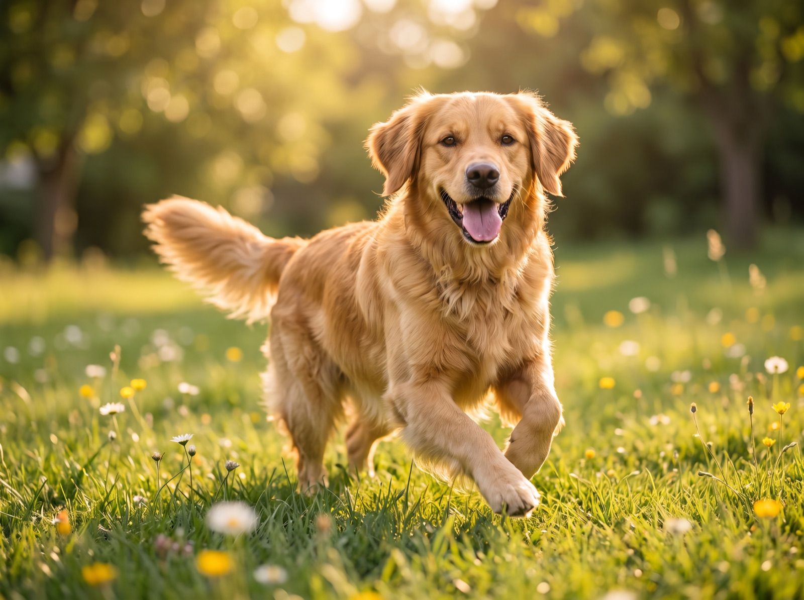 A young golden retriever playing in a sunlit backyard, mouth open in a happy grin, mid-stride.