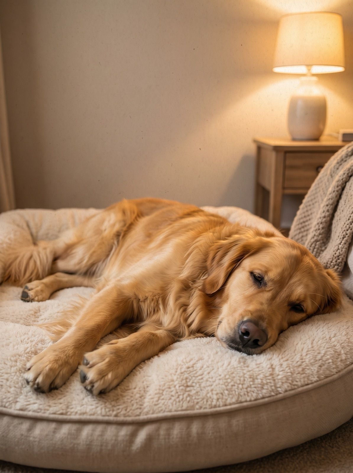 A young golden retriever resting peacefully on a soft cream dog bed, eyes half-closed, recovering.