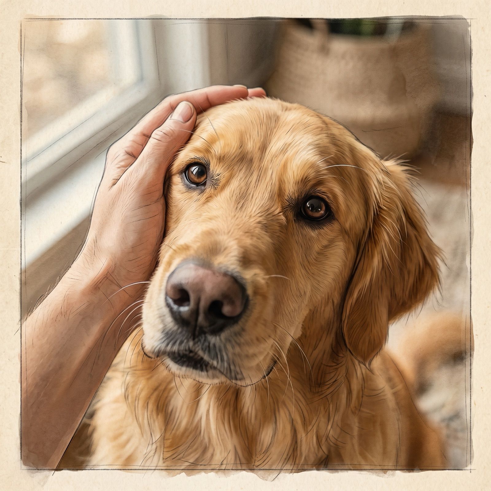 A close-up of a golden retriever with a human hand resting gently on his head, looking at the camera with soft trusting brown eyes.