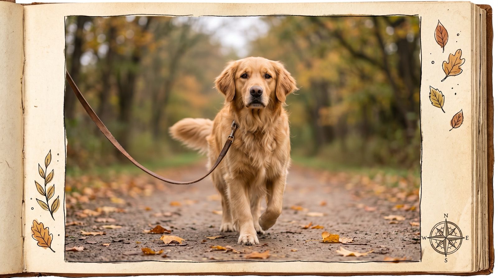 A young golden retriever walking on a leash down a quiet tree-lined path, looking forward, ears flapping gently.