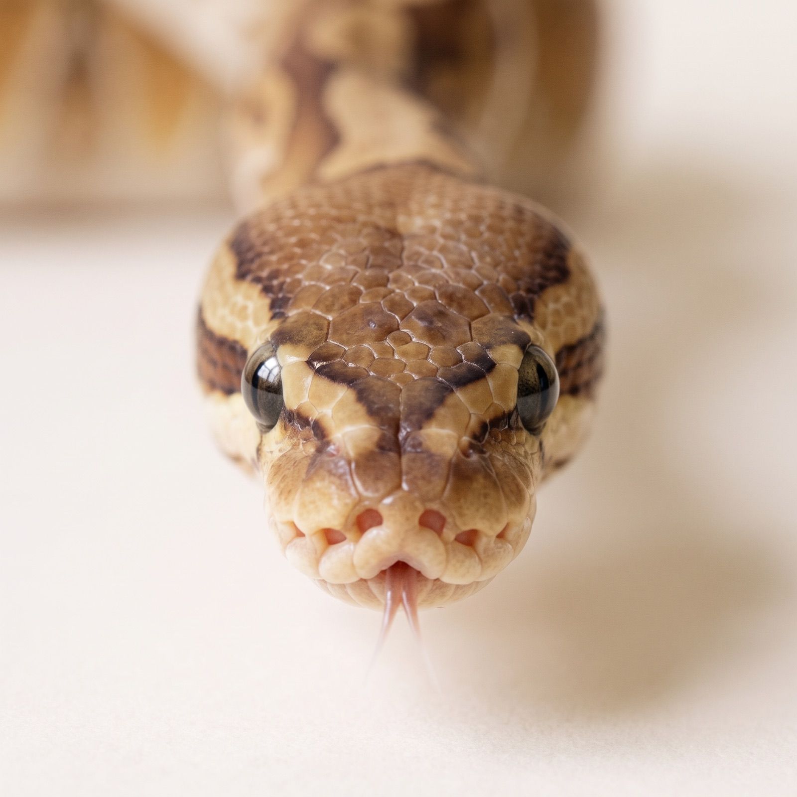 A close-up of a ball python's head with caramel and tan color pattern, dark eye stripe, round dark eyes, and a small forked tongue.