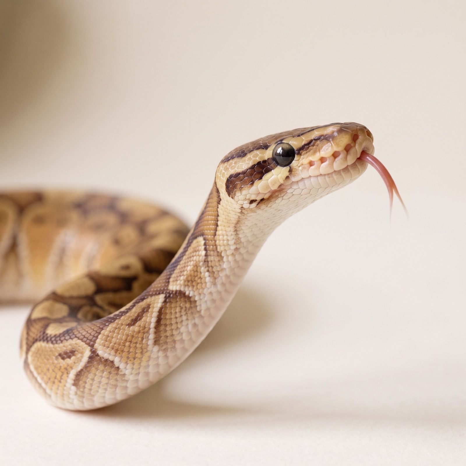 A ball python in mid-exploration with head raised and tongue flicking out to taste the air.