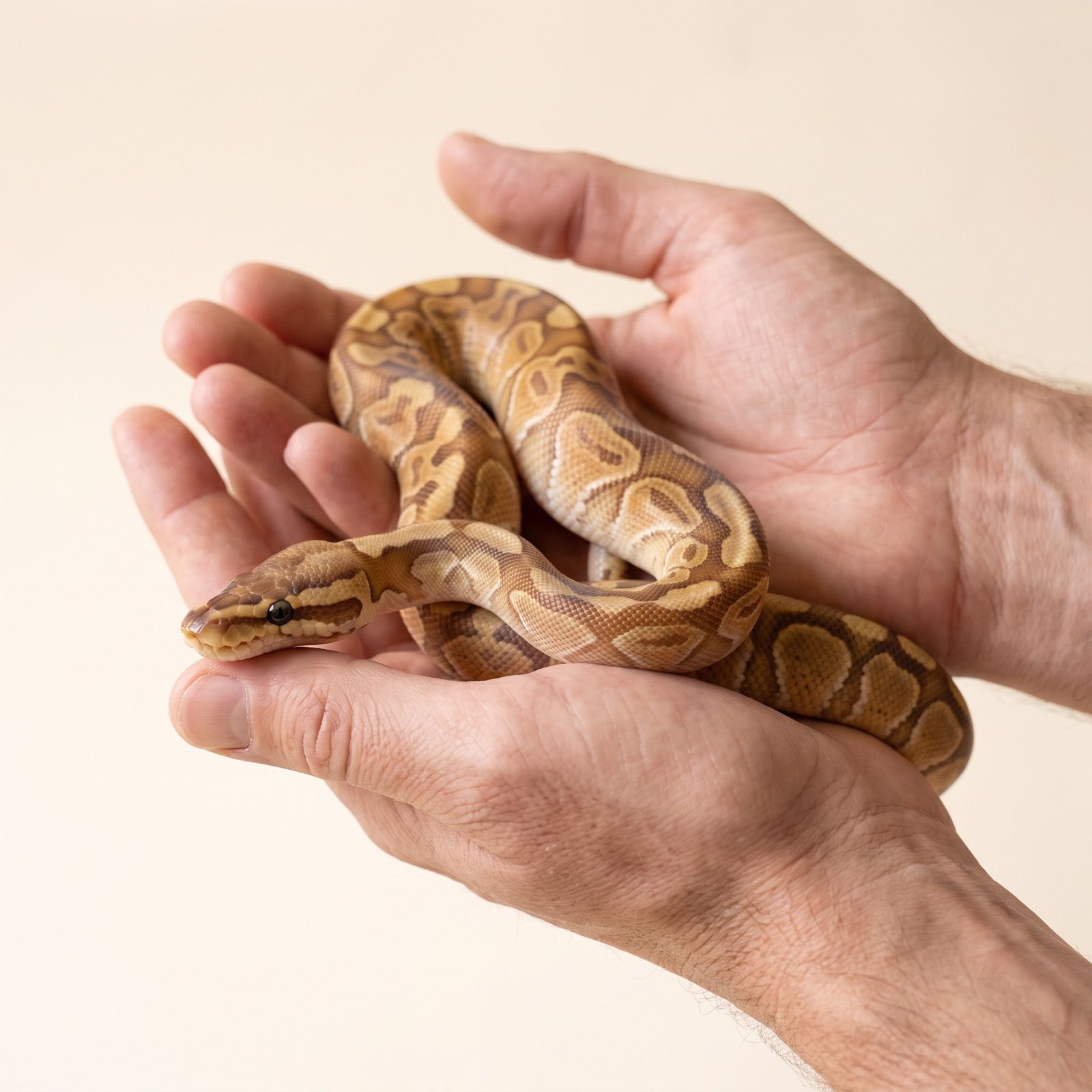 A ball python being gently held in a pair of human hands, calm and relaxed, head resting on one hand.