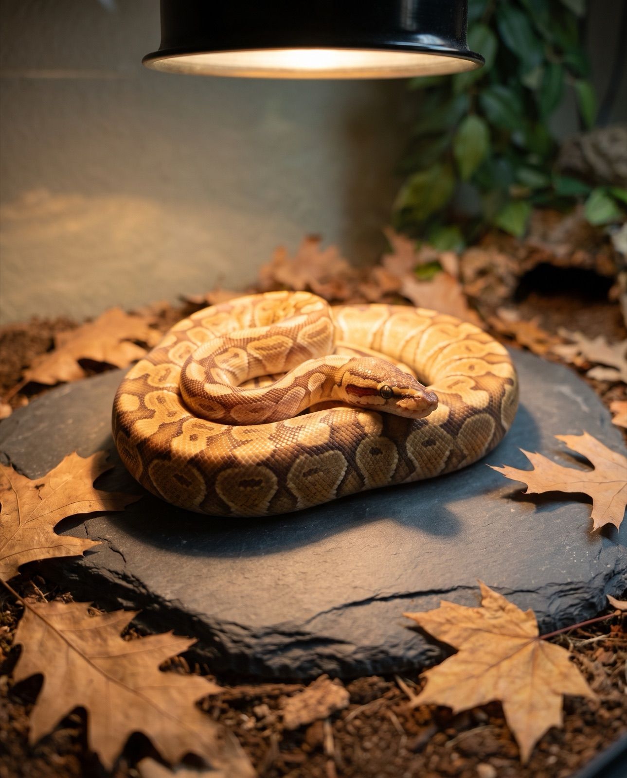A ball python coiled on a smooth flat rock under the warm glow of a heat lamp, head resting on top.