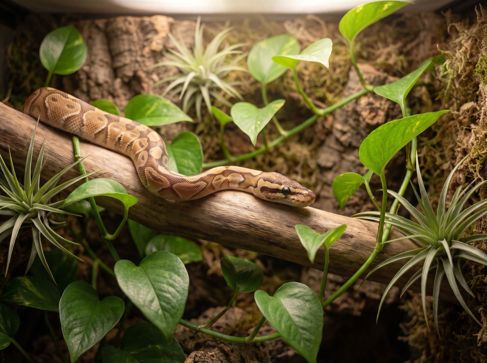 A caramel and tan ball python draped over a smooth wooden branch in a planted terrarium, with green pothos leaves and air plants in the background.