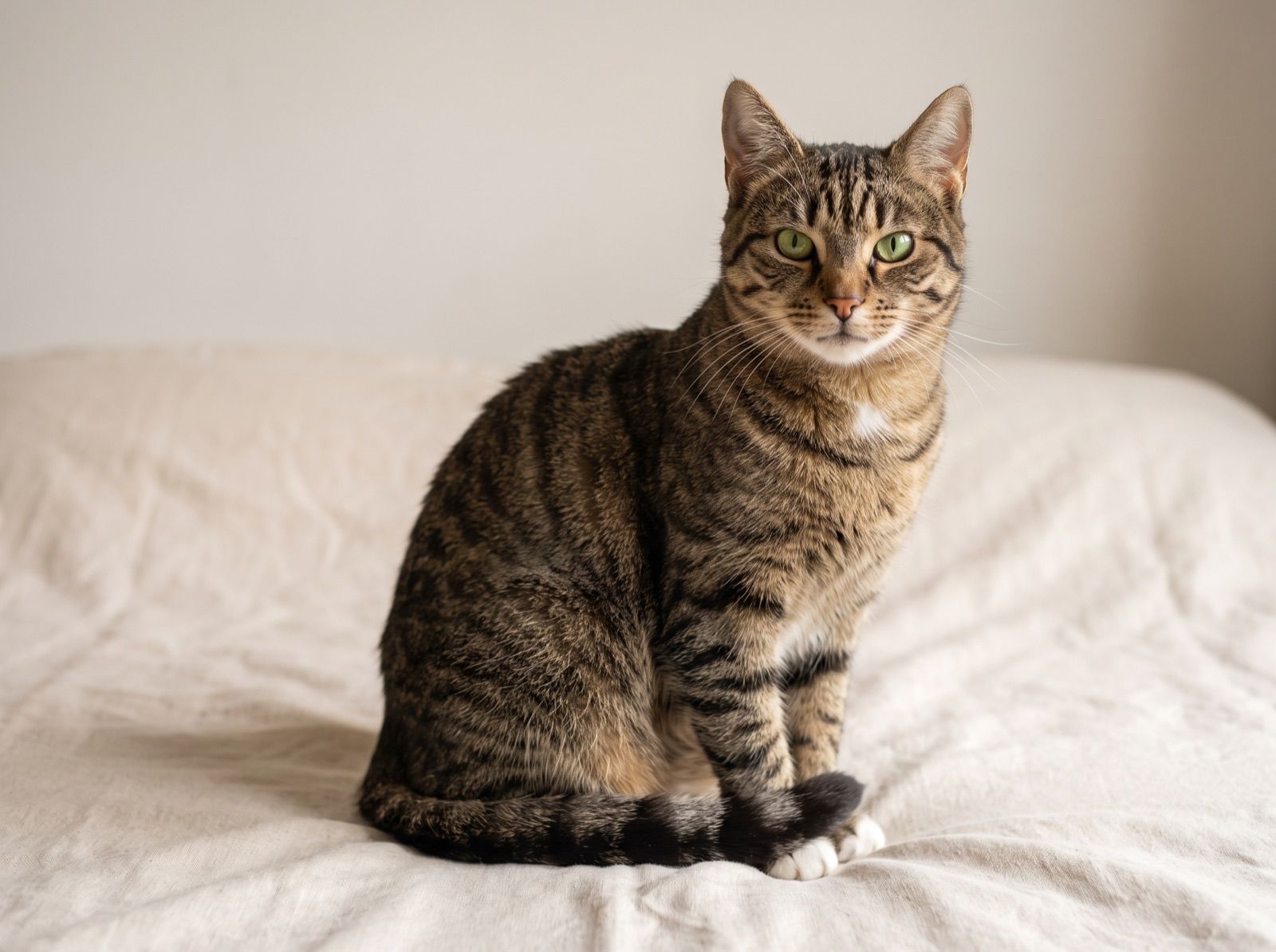 Whiskey, a brown mackerel tabby cat, sitting upright on a soft cream linen surface, full body visible with bright green eyes and white paws.