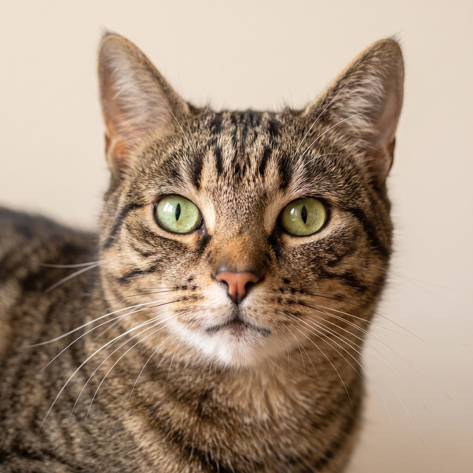 A close-up portrait of Whiskey's face, showing her clear green eyes, mackerel tabby markings, and white chin.