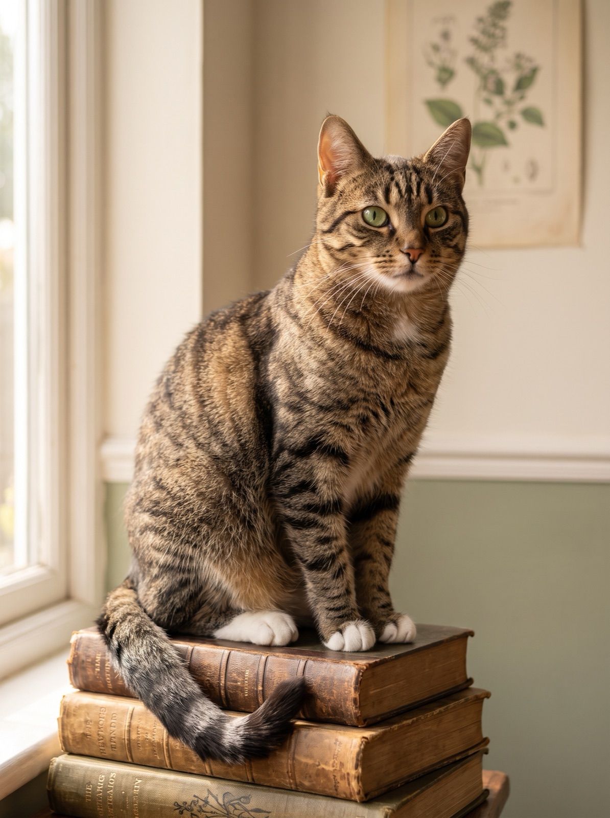 Whiskey sitting upright on a stack of weathered vintage hardcover books, looking to the side with a dignified pose.