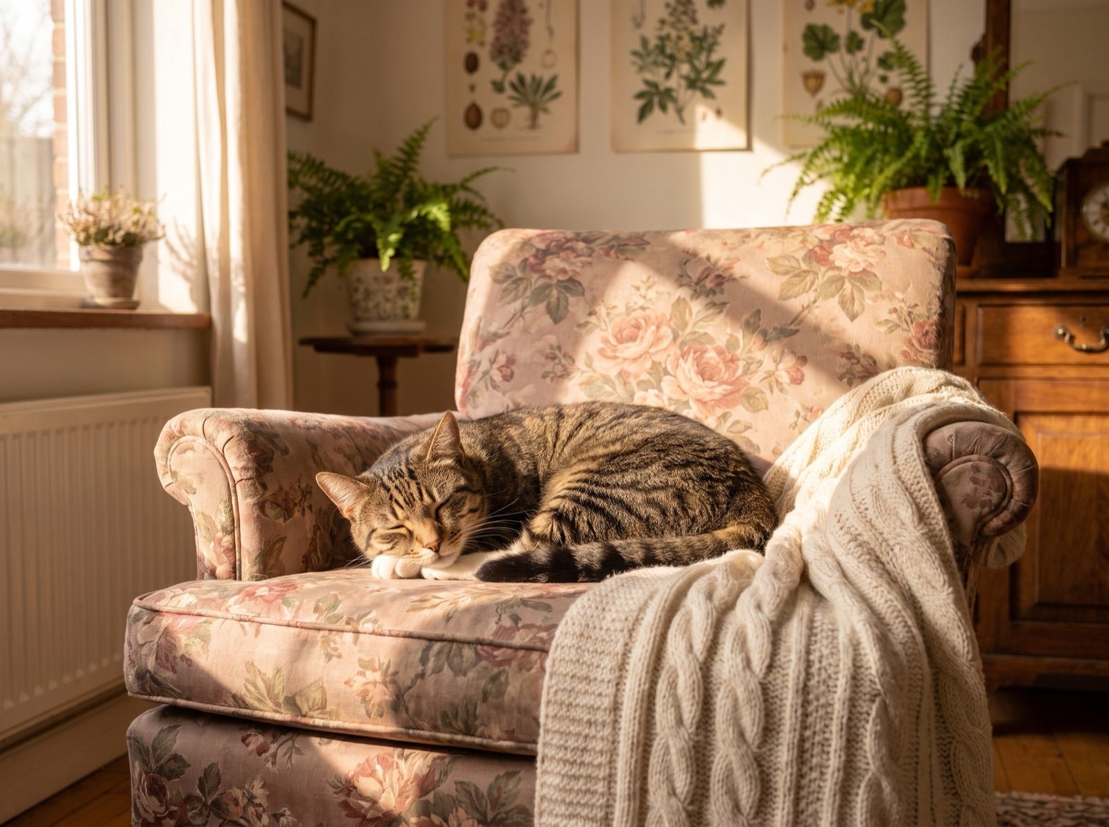 Whiskey curled up asleep in warm afternoon sunlight on a vintage floral armchair.