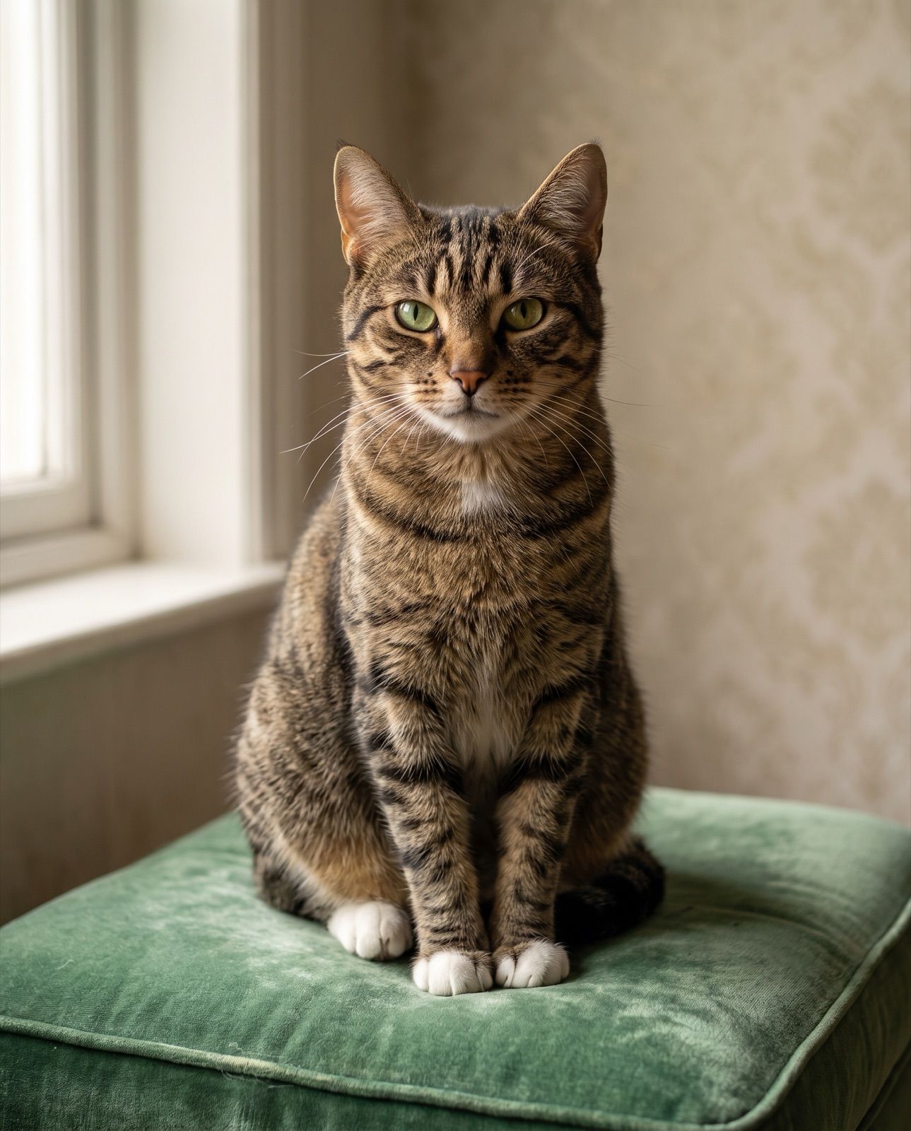 Whiskey, a brown mackerel tabby cat, sitting elegantly on a green velvet cushion looking at the camera with calm green eyes.