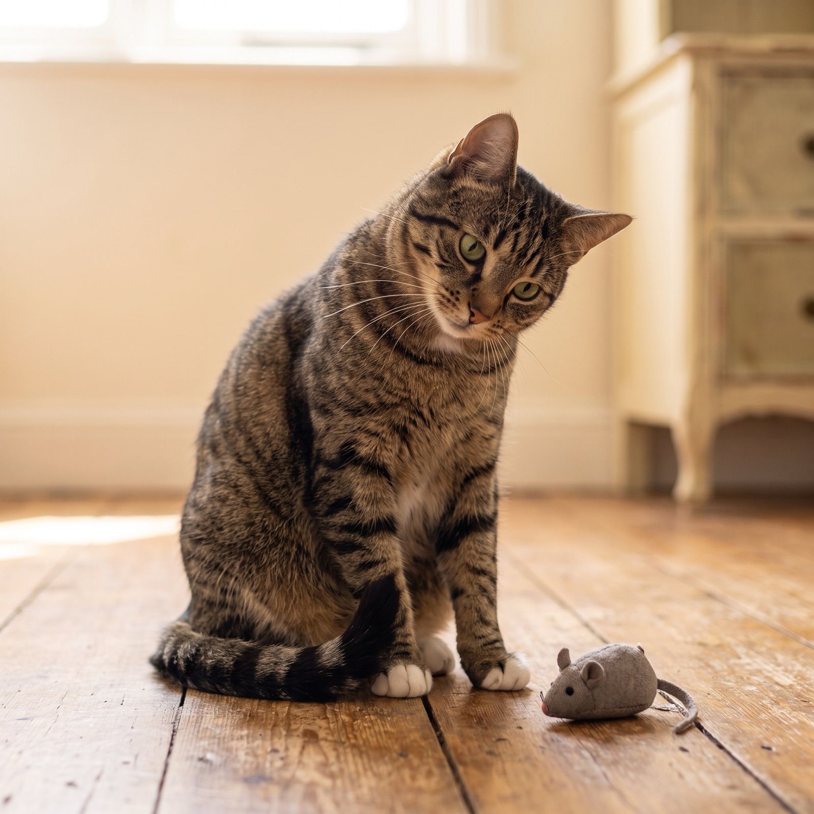 Whiskey sitting next to a small grey toy mouse, looking down at it with a quizzical expression.