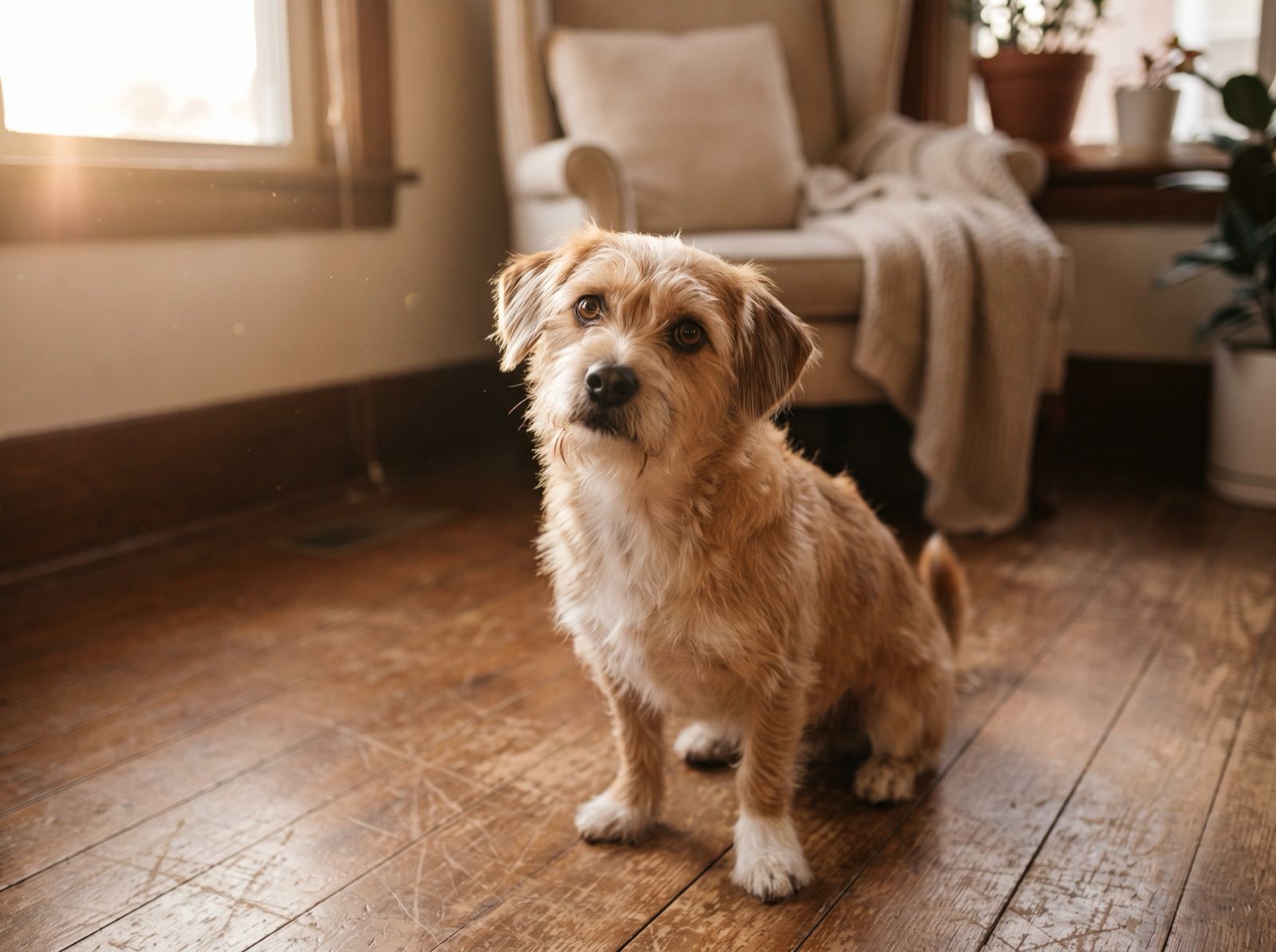 A small tan and white dog looking up at the camera with gentle curiosity, photographed in soft afternoon light.