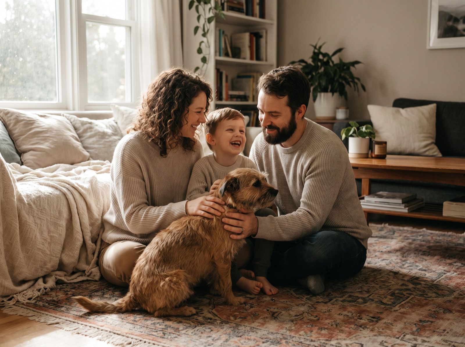 A family of three sitting on the living room floor with their dog, all gently petting the dog in a candid moment.