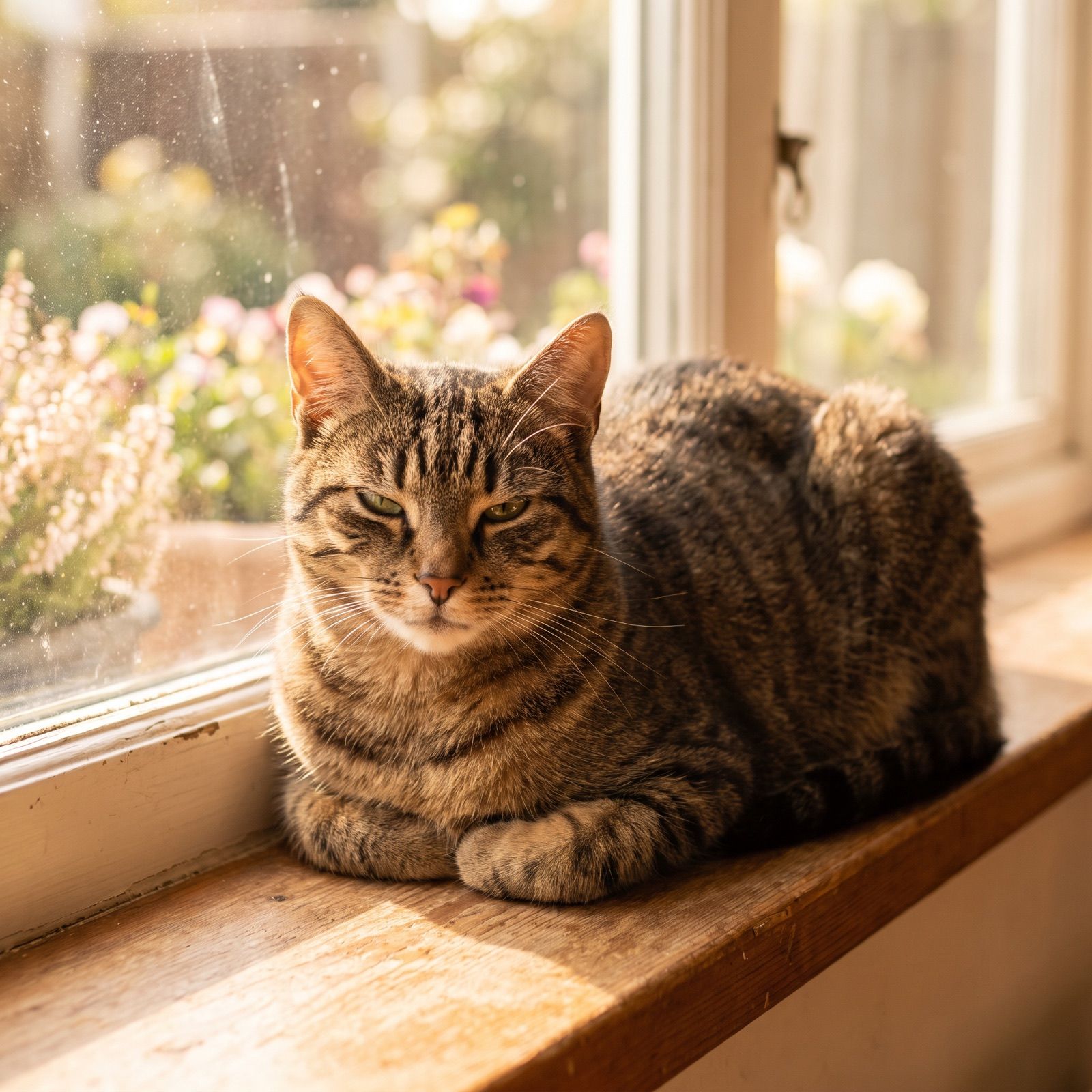 A brown tabby cat resting on a sunlit windowsill, half-closed eyes in pure contentment.