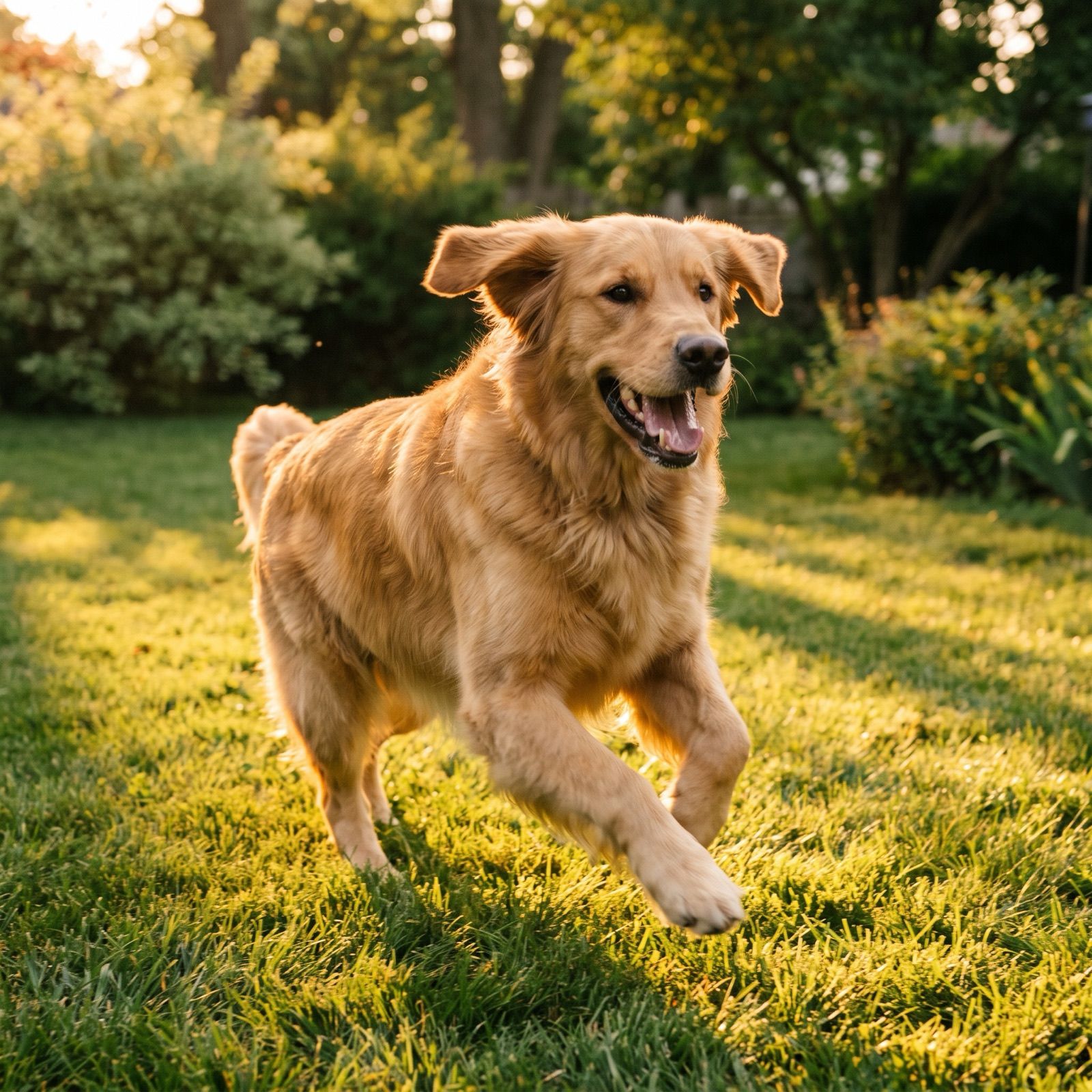 A golden retriever running through a sunlit backyard, mouth open in a happy grin, ears flapping in the breeze.