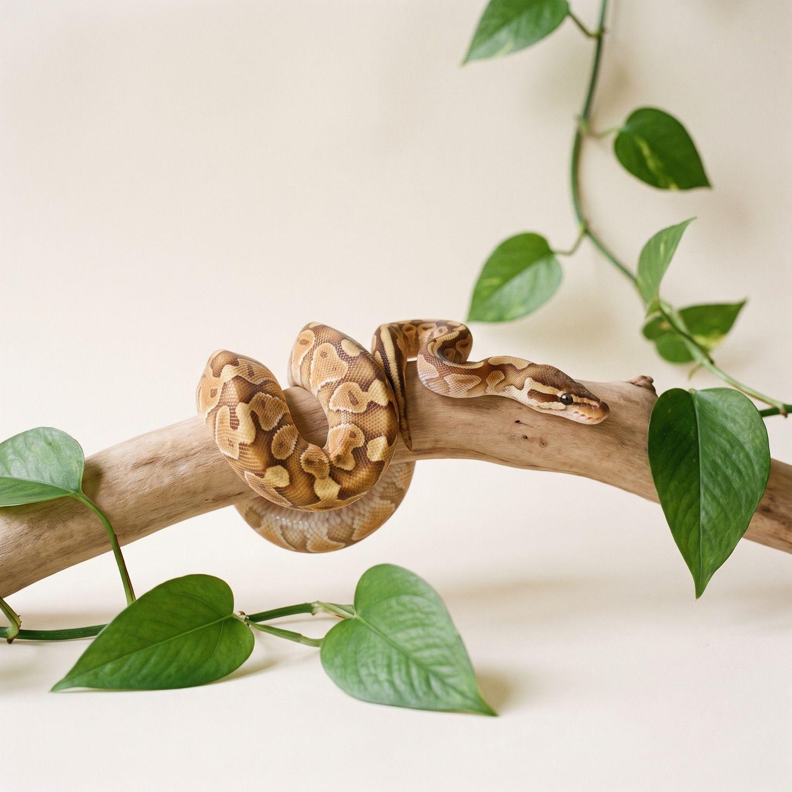 A small ball python snake gently coiled around a driftwood branch, photographed in soft natural light.